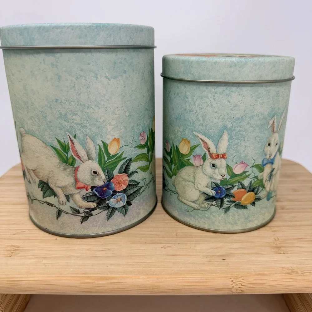 Vintage Easter Bunny Rabbit Nesting Tins Set of 2 Spring Floral Cottagecore